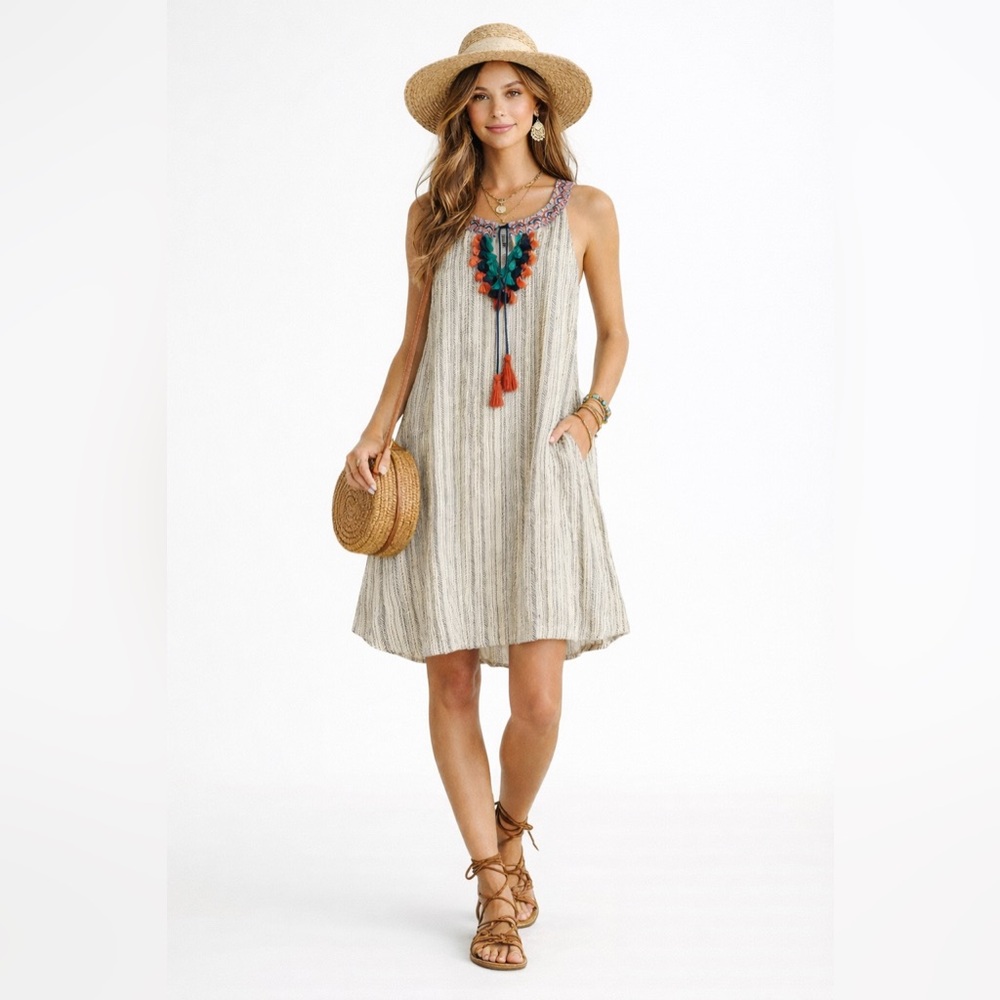THML Boho Embroidered Tassel Dress comfy loose Sleeveless Shift